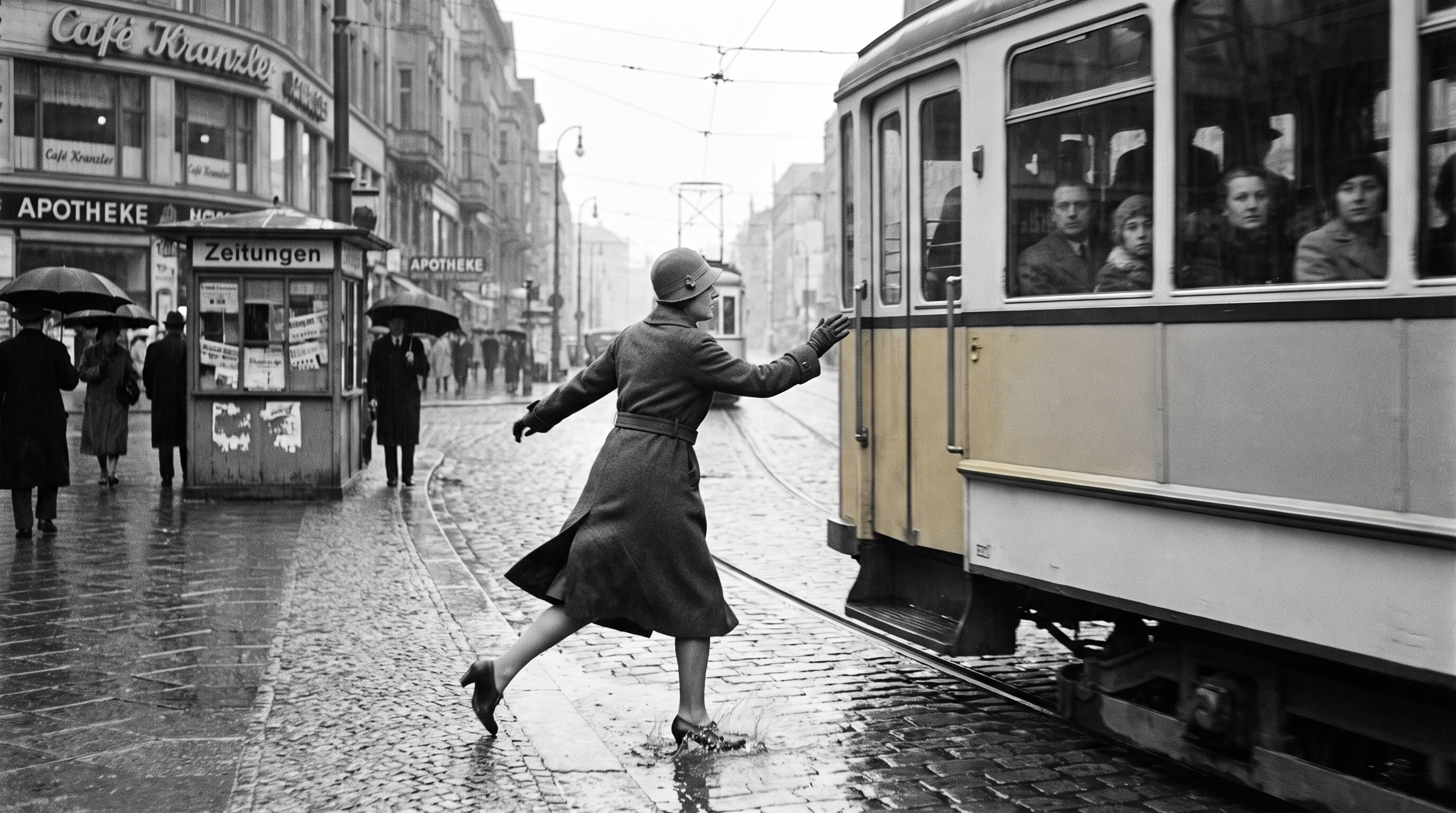 Generiertes historisches Schwarzweißfoto: Eine Frau rennt 1930 in Berlin einer Straßenbahn hinterher